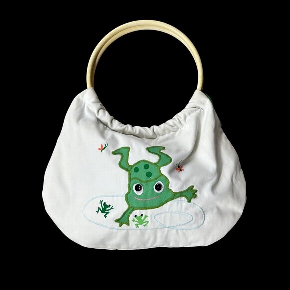 Vintage White Purse 1970s Country Fair Frog Lotus Plastic Hoop Handles Kitschy - Picture 2 of 10